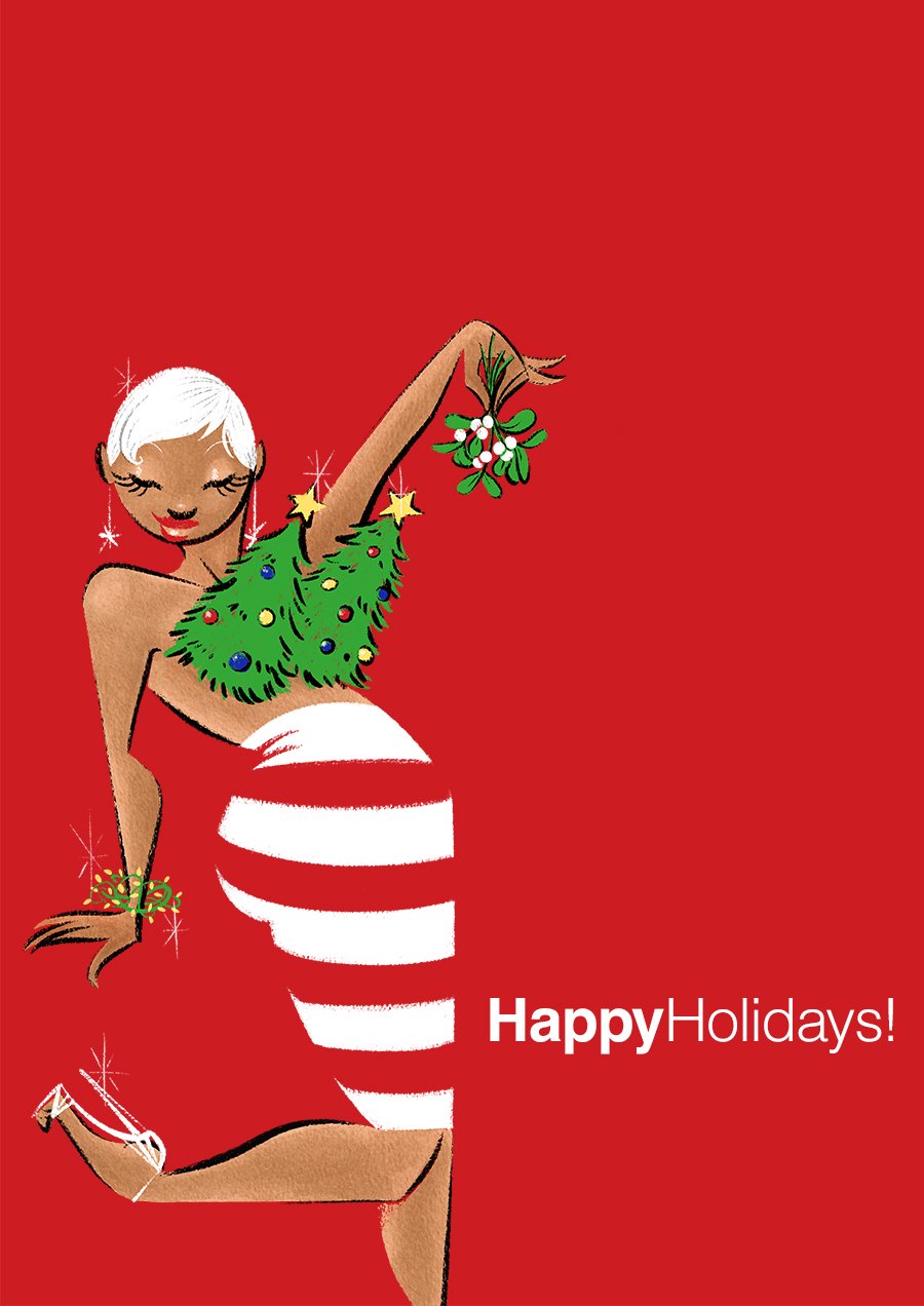 cafe au lait skinned pin up woman holding a mistletoe plant and  wearing two small christmas trees as a bra