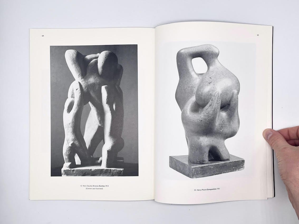 Double page spread from the catalogue of an exhibition titled 'Carving Mountains' of British sculpture held at Kettle's Yard Cambridge in 1998