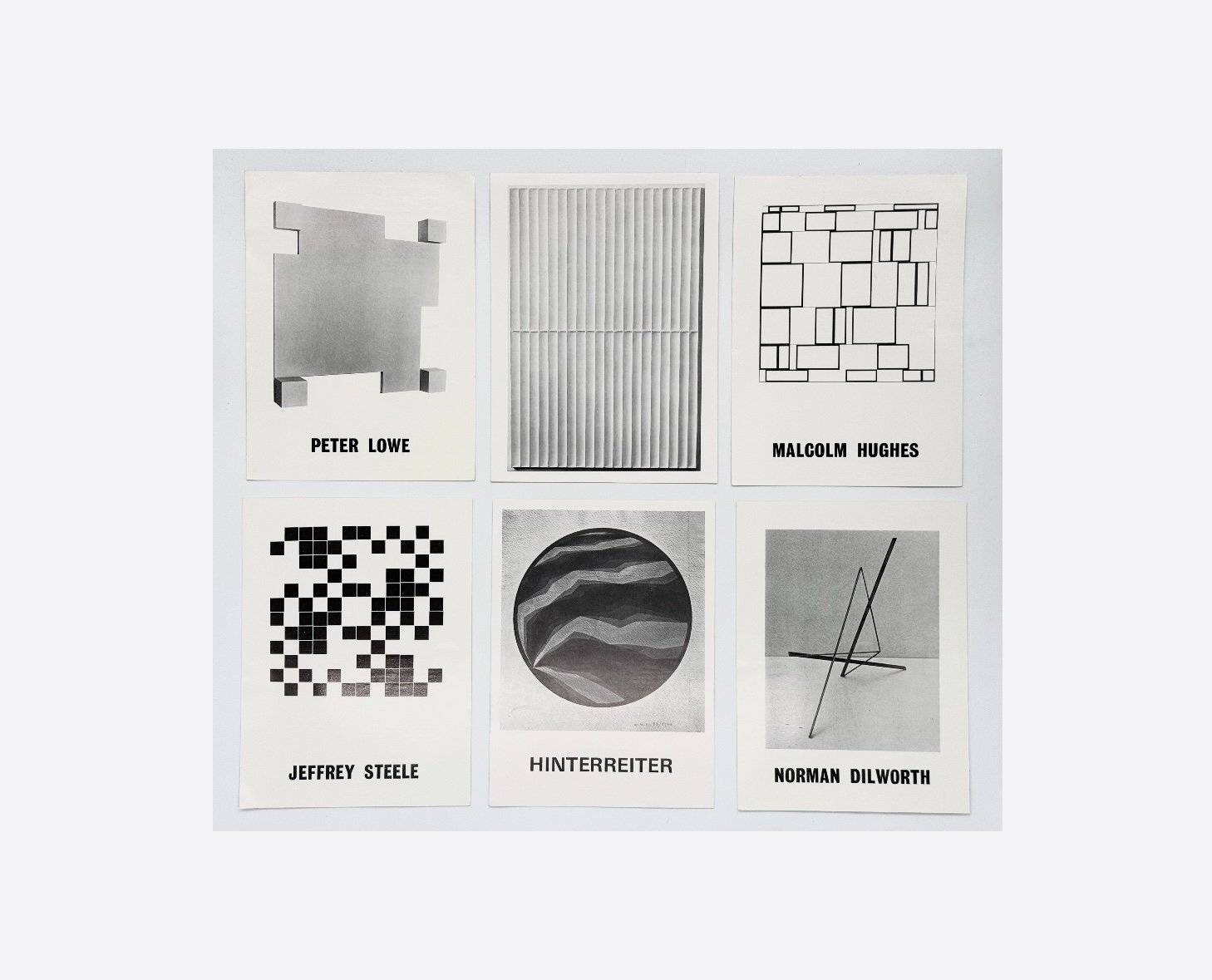 Collection of 6 exhibition announcement cards, Annely Juda Fine Art, London, 1977-78. Norman Dilworth, Malcolm Hughes et al