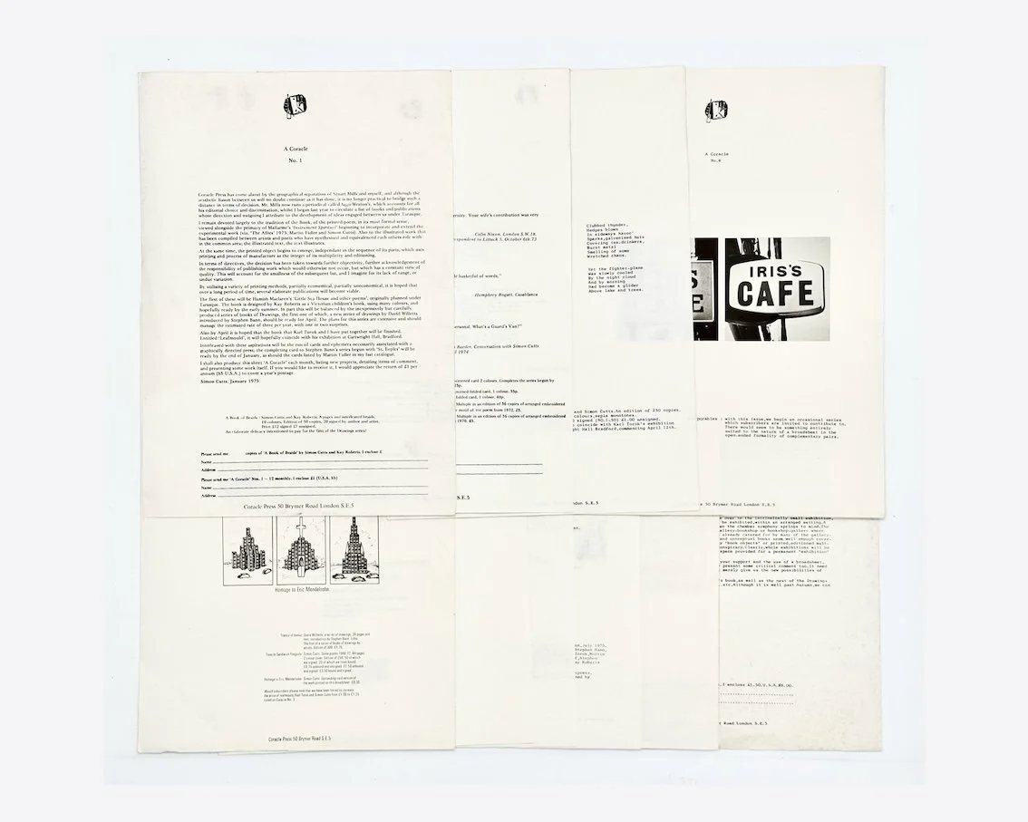 Simon Cutts, A Coracle nos. 1–12(i). Coracle Press, Camberwell, London, January-December 1975.
