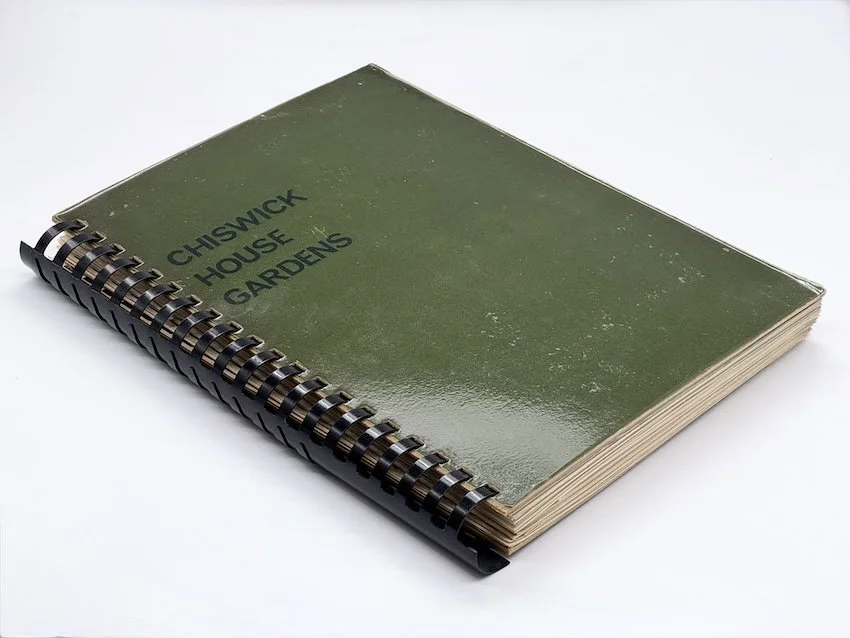 Cover of spiral-bound book on Chiswick House Gardens by the late British landscape designer Allan Hart, prepared in 1968 as part of his final examination for the Institute of Landscape Architects.