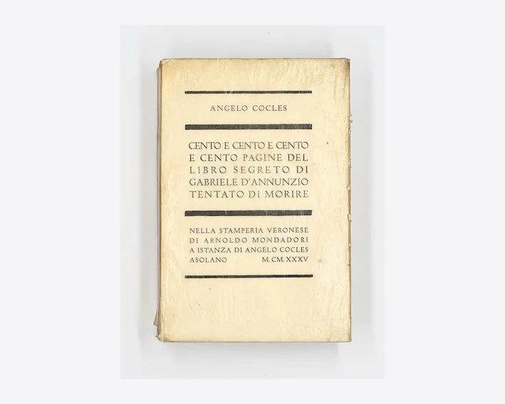 Angelo Cocles (Gabriele D’Annunzio) Cento e cento e cento e cento pagine del libro segreto di Gabriele D'Annunzio tentato di morire. Mondadori., Milano, 1935.
