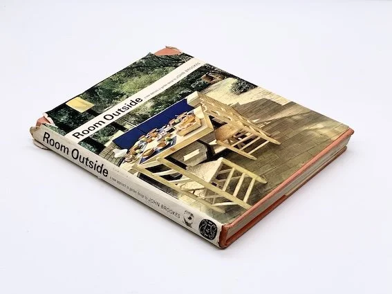 cover and spine of the book by John Brookes, Room Outside - a new approach to garden design which was published by Thames and Hudson, London in 1969.
