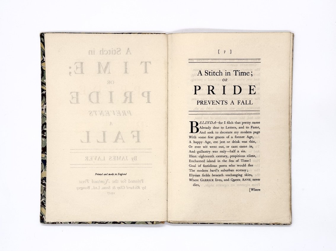 James Laver, A Stitch in Time; or, Pride prevents a Fall. Nonesuch Press, London, 1927.