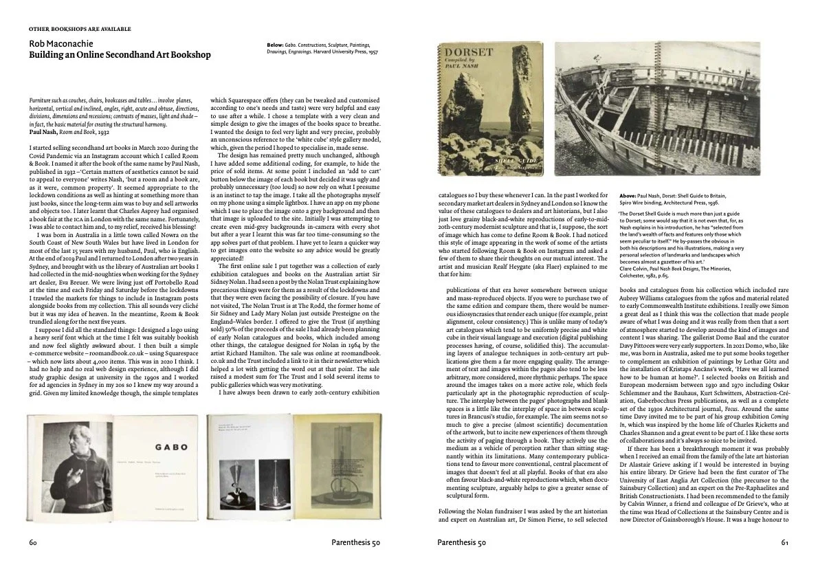 Room & Book featured in Parenthesis 50 The Journal of The Fine Press Book Association