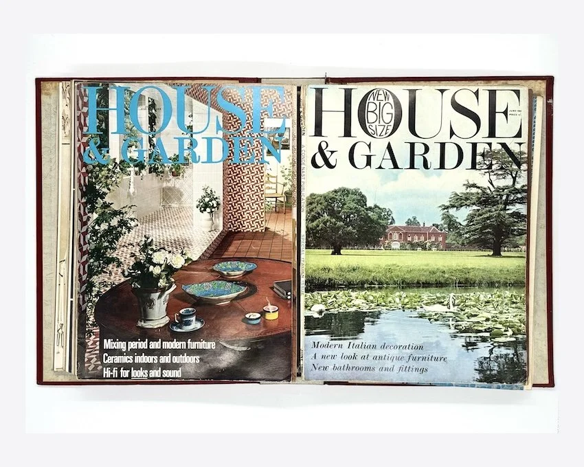 House & Garden: 15 vintage 1960s and 1970s issues bound in red folders with blue titles to spine.