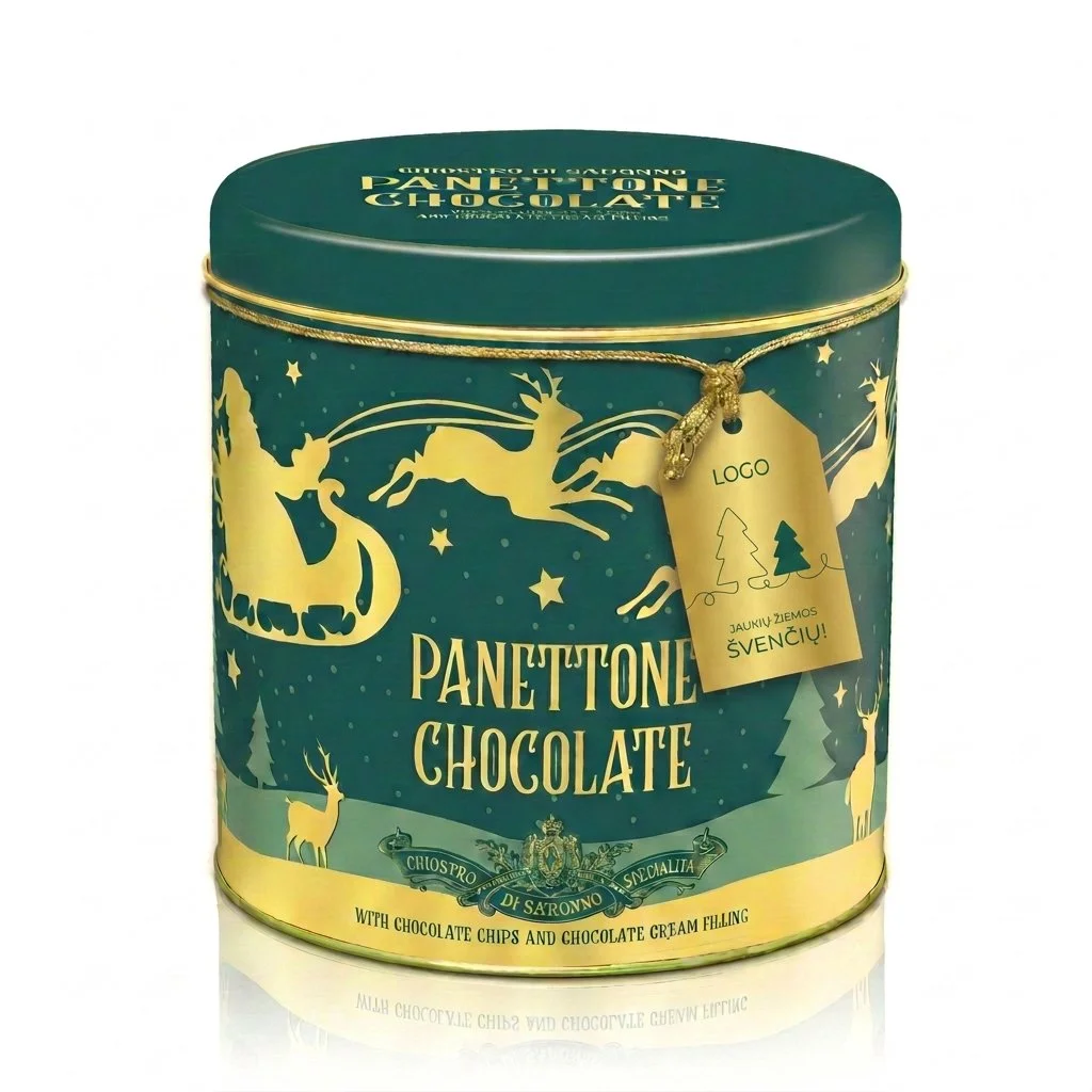 PANETTONE PYRAGAS SU ŠOKOLADU METALINĖJE DĖŽUTĖJE, 750 g.