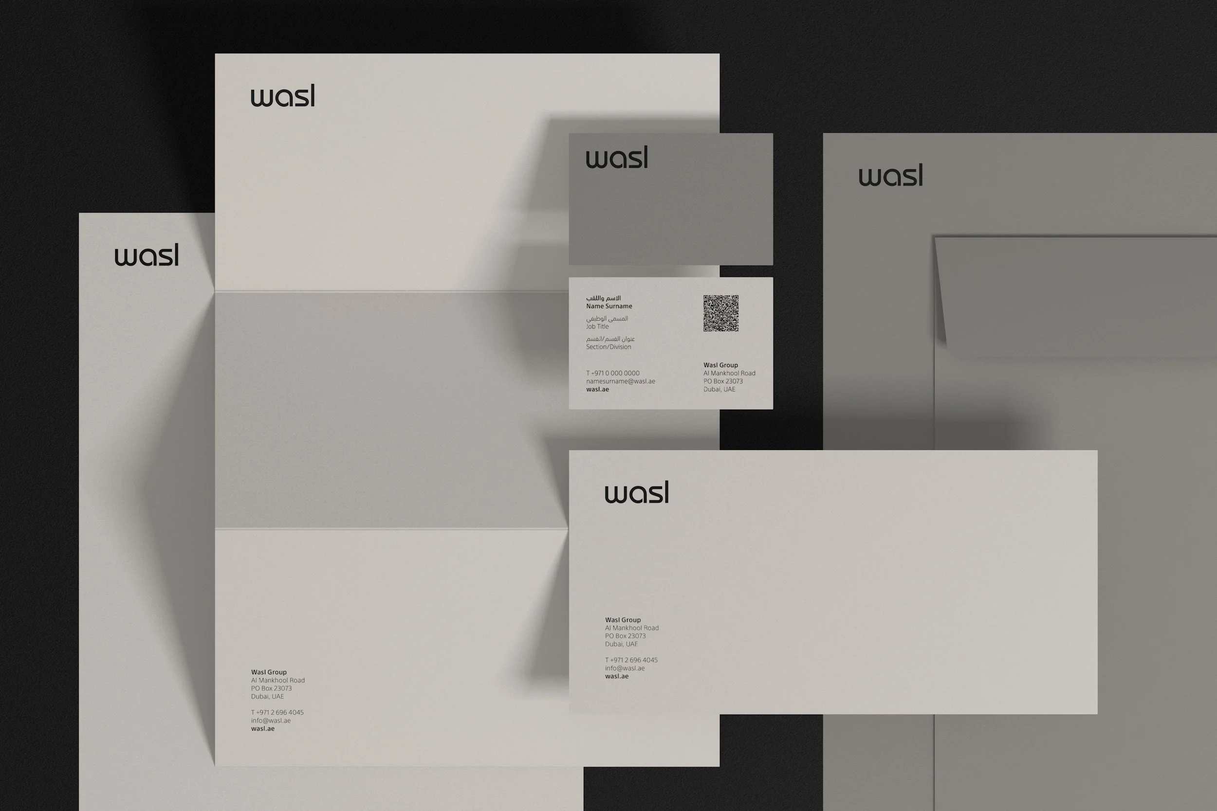 Wasl Brand Application – Stationery Suite, Business Card, Letterhead, Envelopes