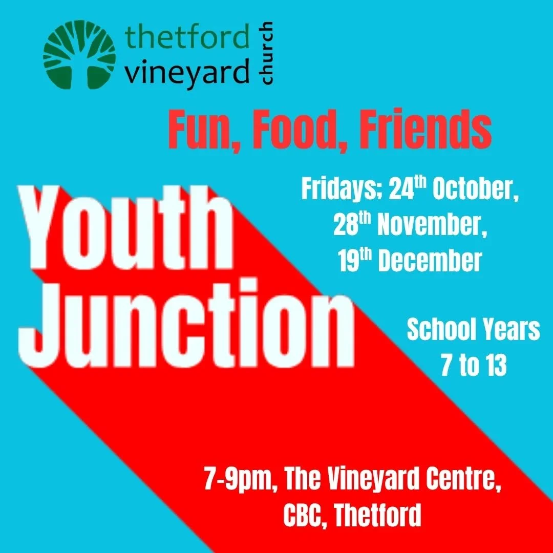YOUTH JUNCTION//

Friday 28th November 7pm -9pm @ The Vineyard Centre, Charles Burrell Centre, Staniforth Road, Thetford

This Friday we are excited to host "Youth Junction" in Thetford! &ndash; an evening of fun for school years 7-13. 

An