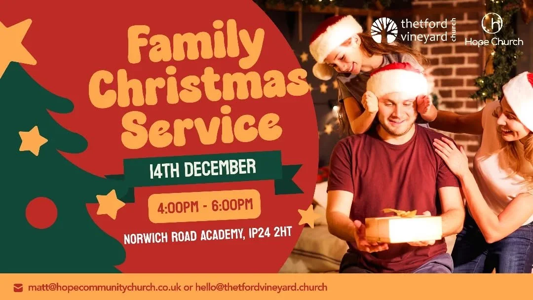CHRISTMAS AT THETFORD VINEYARD CHURCH - We've saved you a seat!!!

*Sunday 14th December 4pm-6pm, Norwich Road Academy &ndash; Family Christmas Service*

We are excited to invite you to our family-friendly Christmas celebration in 2025!! This year, w