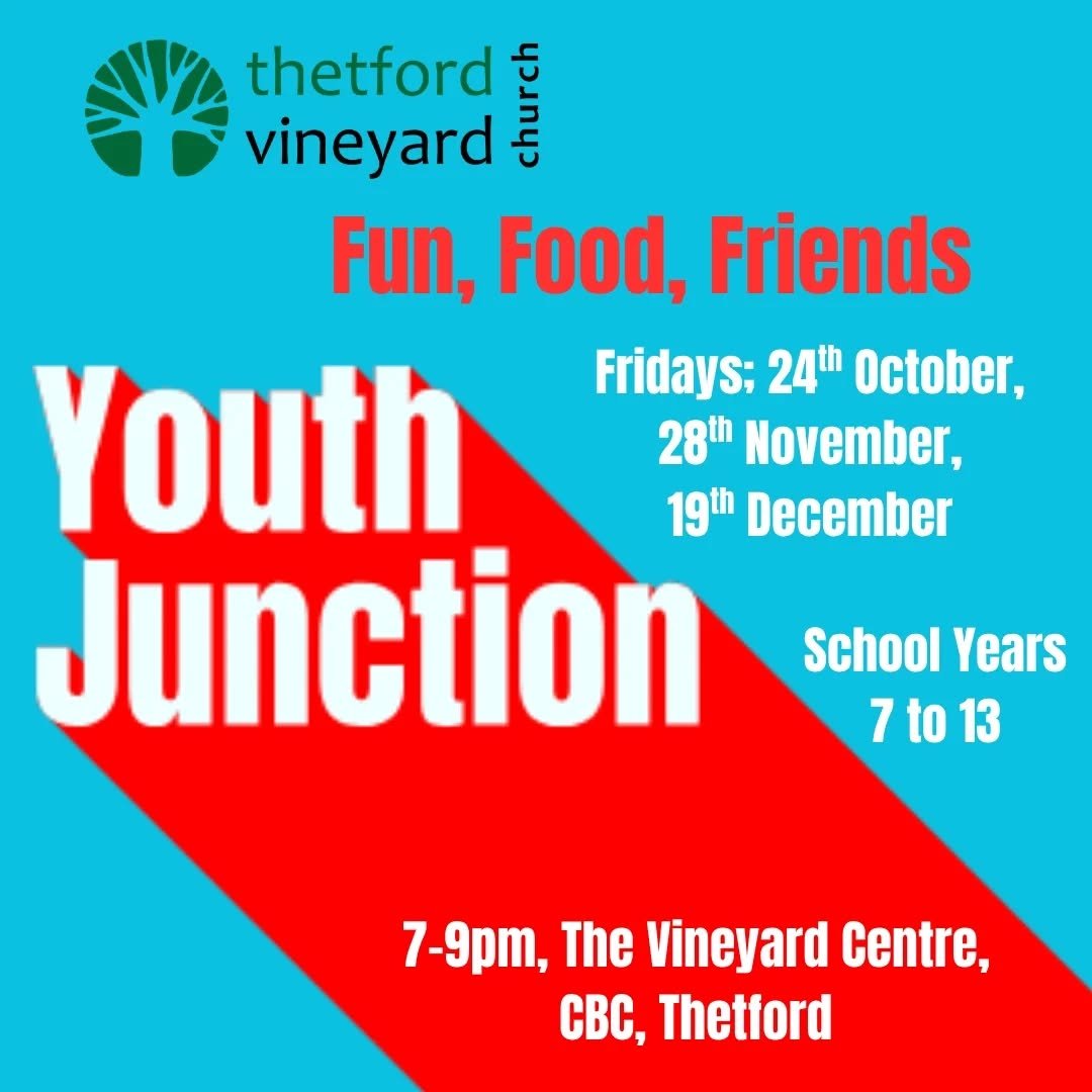 YOUTH JUNCTION - THIS FRIDAY //

Friday 19th December 7pm -9pm @ The Vineyard Centre, Charles Burrell Centre, Staniforth Road, Thetford

This Friday we are excited to host "Youth Junction" in Thetford! &ndash; an evening of fun for school y
