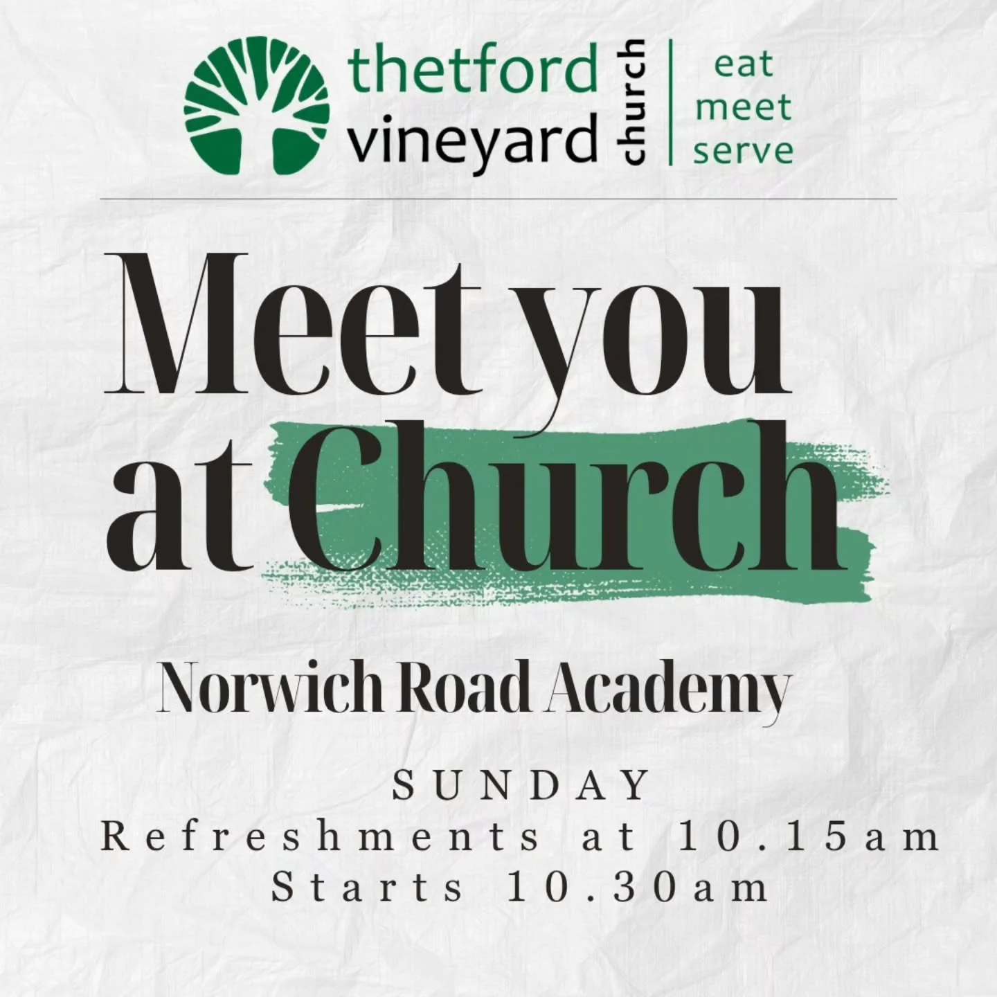 MEET YOU AT CHURCH //

Join us on Sunday at Norwich Road Academy as we continue our series "Relational Jesus" - 10.15am for refreshments and sign-up for Vineyard Kids. All welcome - we'd love to see you!