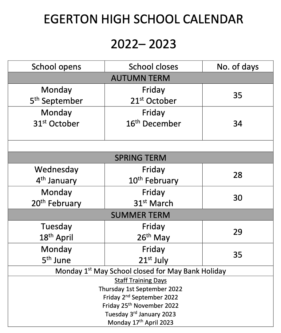 Term dates — Egerton High School