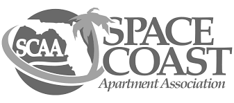 Logo of Space Coast Apartment Association with a palm tree, bat, and the words 'SCAA' and 'SPACE COAST Apartment Association'.