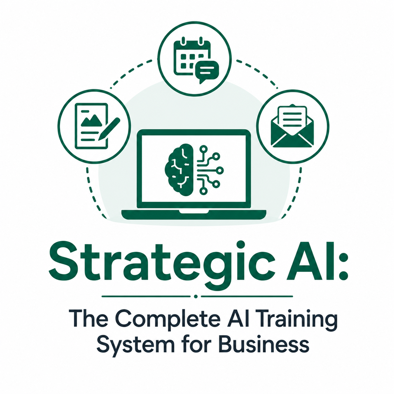 Illustration of a computer with a brain and circuit lines, surrounded by icons of a calendar, a chat bubble, and an envelope, with the text "Strategic AI: The Complete AI Training System for Business".