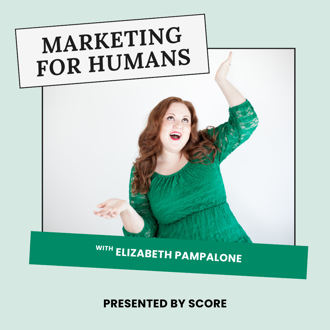 A woman with red hair wearing a green dress, gesturing with her hands, under text that says 'Marketing for Humans' and 'with Elizabeth Pampalone.'