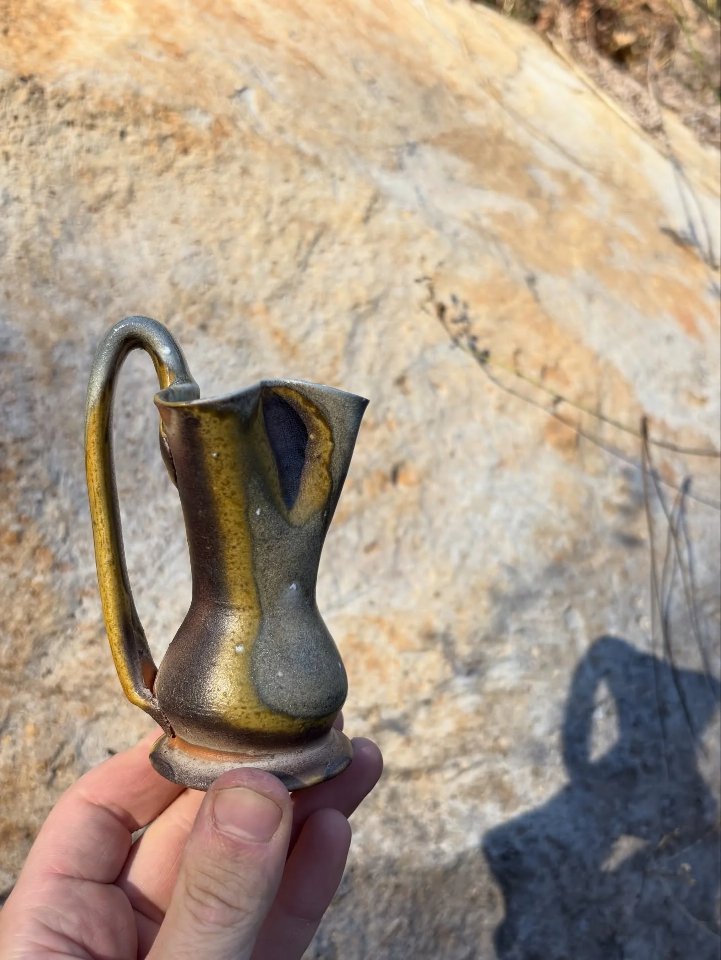 Juglets 
White stoneware with collected clay surfaces. One with an ochre rich clay collected in Nevada county, CA as a terra sigillata. The other with a refractory kaolin from Milos Island, Greece as a slip. 
I&rsquo;m looking forward to sharing more