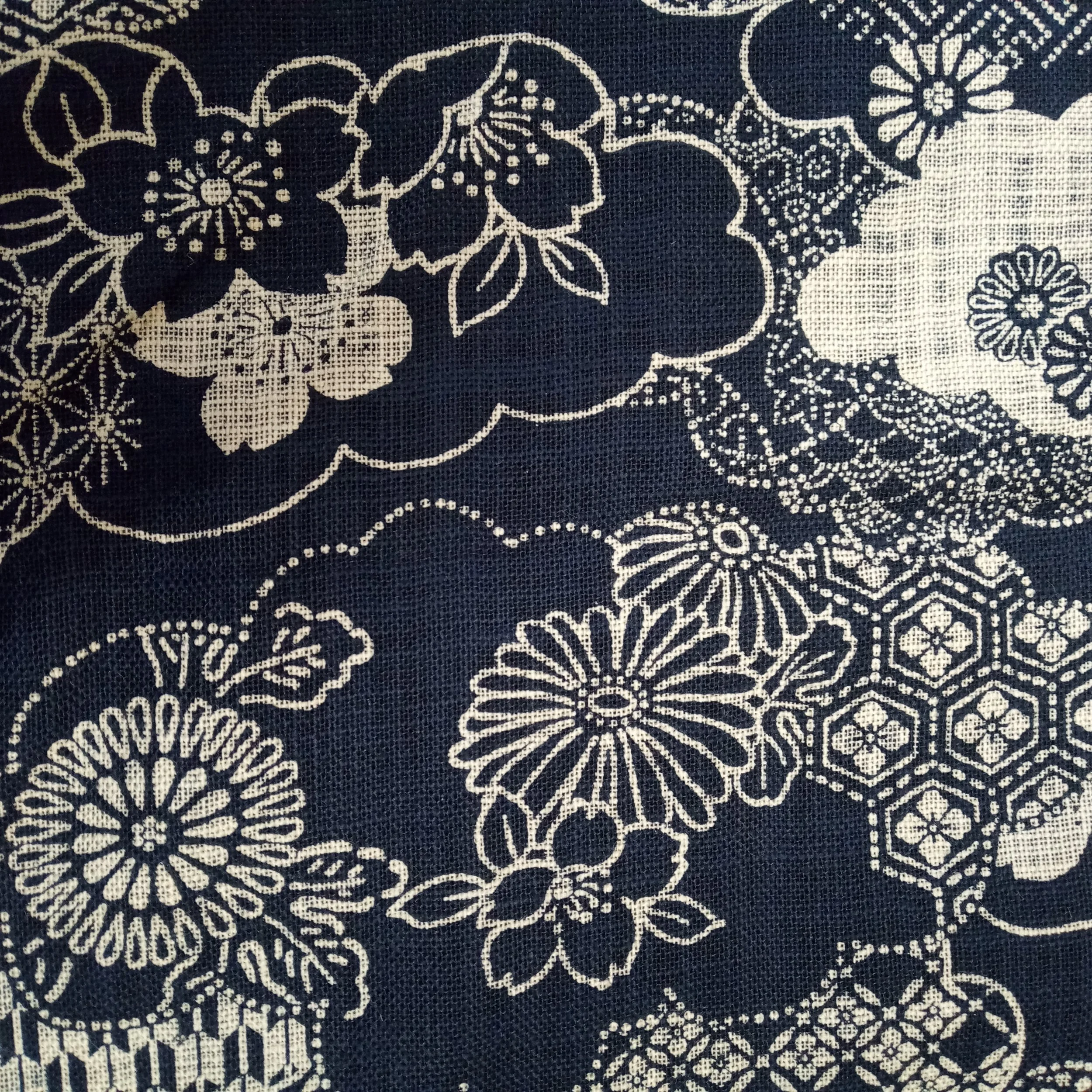 Japanese Navy Traditional Floral Linen Cotton Fabric per 50cm Crafty ...