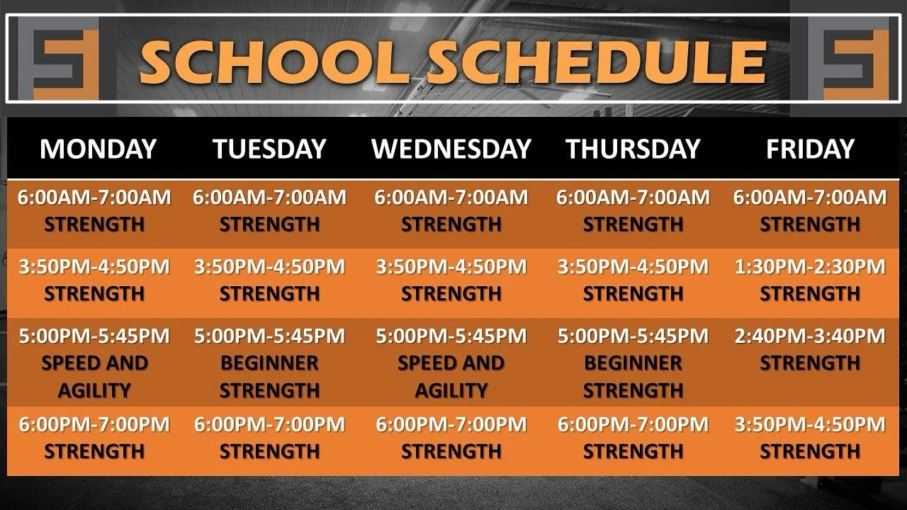 Enrollment for the School Year Schedule is now open! This schedule will begin on Tuesday, September 2nd! The 3-day Strength Program will be on Mondays/Wednesdays/Fridays and the 2-day Strength Program will be on Tuesdays/Thursdays (see schedule below