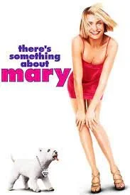 Kvinde med blond hår i rosa klæder står ved siden af en hvid panda, med teksten 'here's something about mary' på billedet.