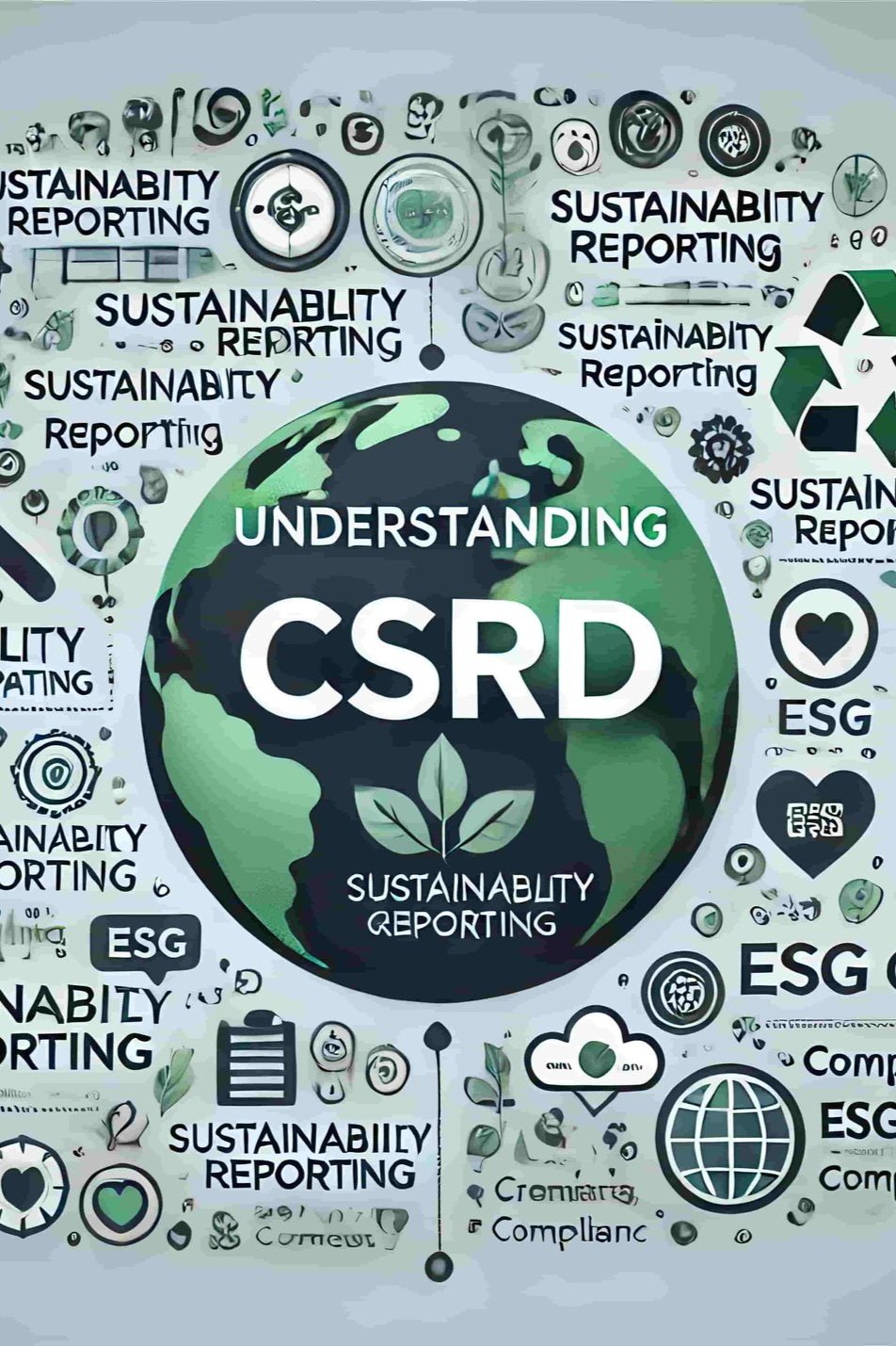 Illustration av jorden med ord och ikoner relaterade till hållbarhet och CSR, inklusive begrepp som hållbarhetsrapportering, ESG, och förståelse för CSR.