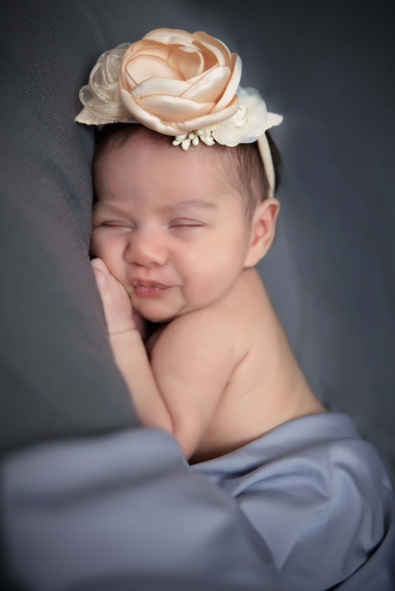 Studio style newborn baby girl gray satin and beige flower headpiece
