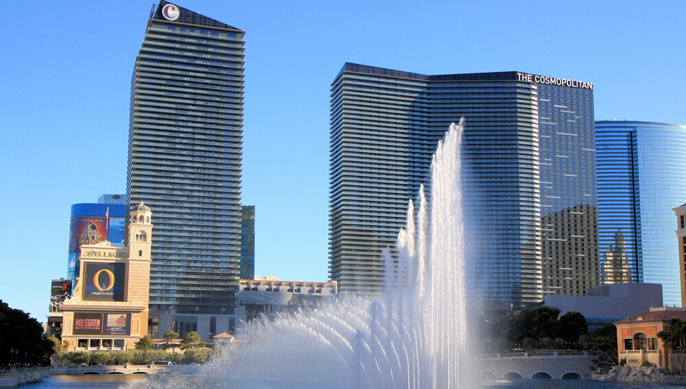 An Exterior image of The Cosmopolitan of Las Vegas building behind a water fountain