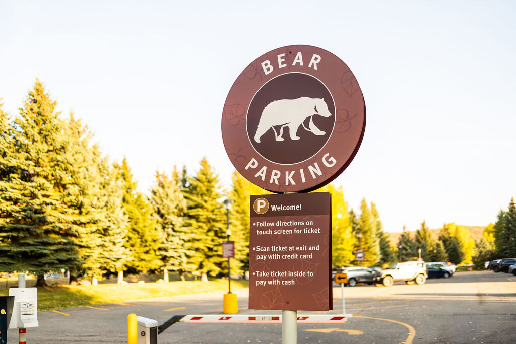 A circular sign with a picture of a bear in the center and the words "Bear Parking" on the perimeter. Below is a rectangular sign with parking directions. This sign appears in a parking lot surrounded by trees.