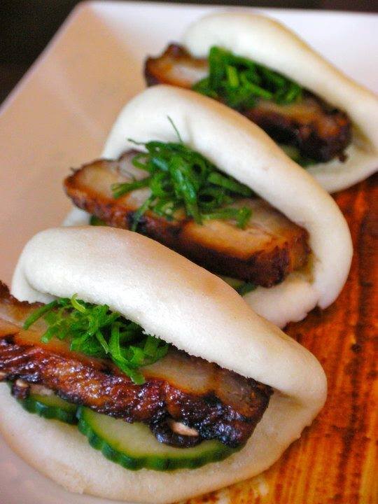  Pork belly and pickled cucumber on bao buns 