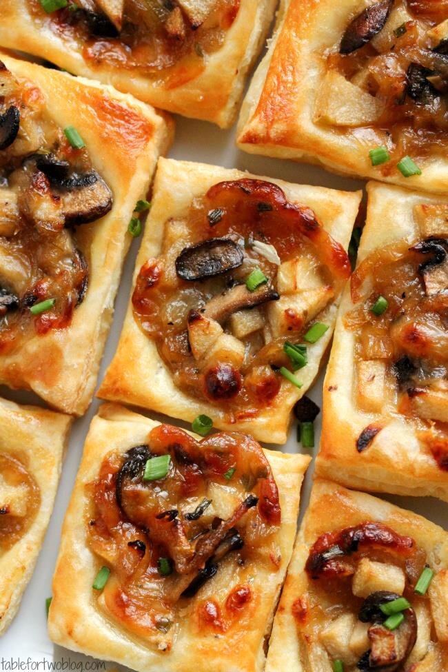  Caramelized onion, mushroom and gruyere cheese on puff pastry 