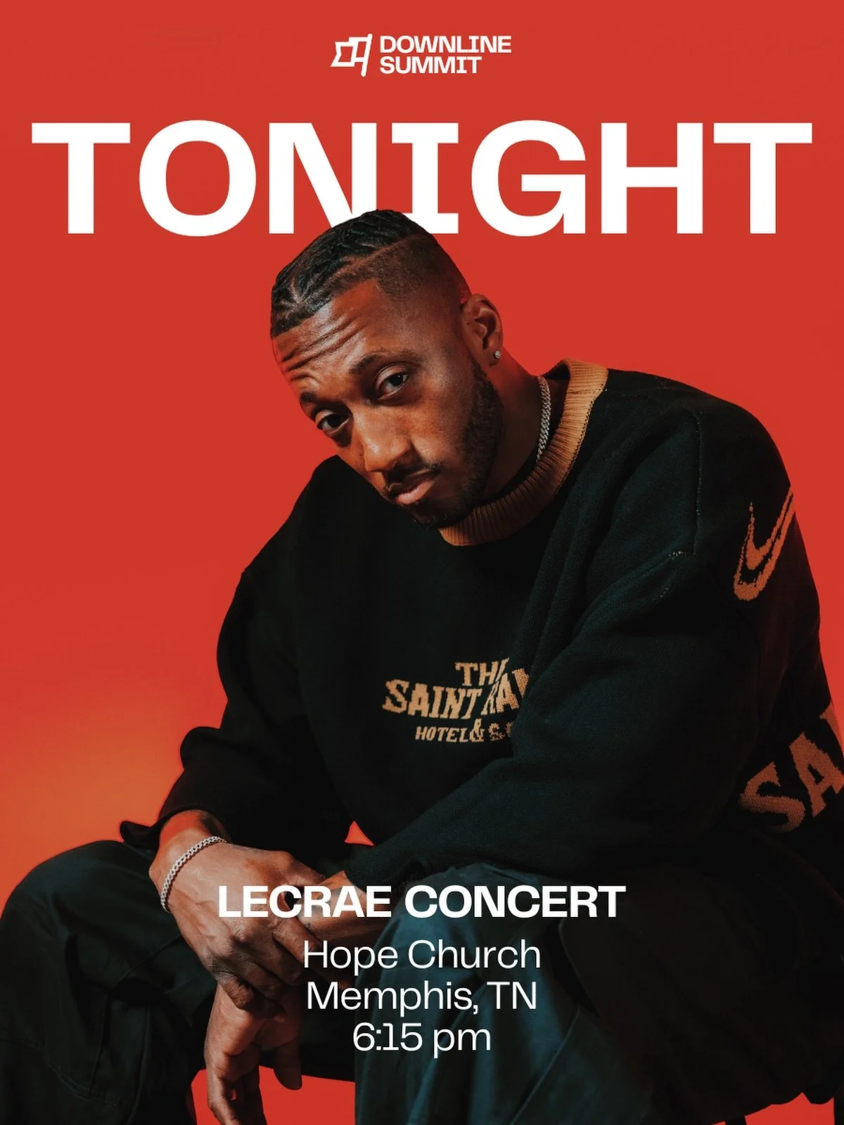 SEE YOU TONIGHT! Come listen to an exclusive Lecrae concert as we celebrate 20 Years of @downlineministries 🔥🙌

Doors open at 6:15 pm at Hope Church in Memphis, TN. 

Tickets available online or at the door (card only) 🎫