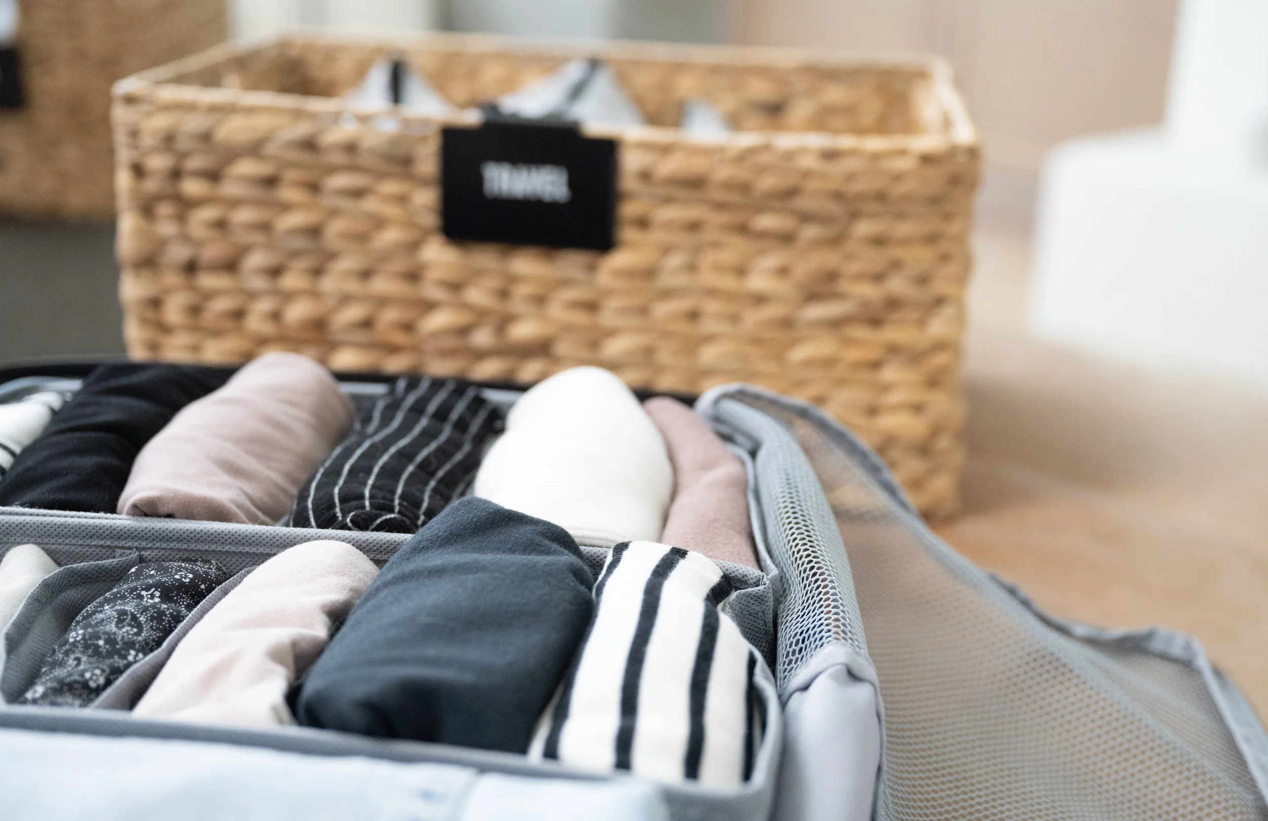 organized clothing in a suitcase