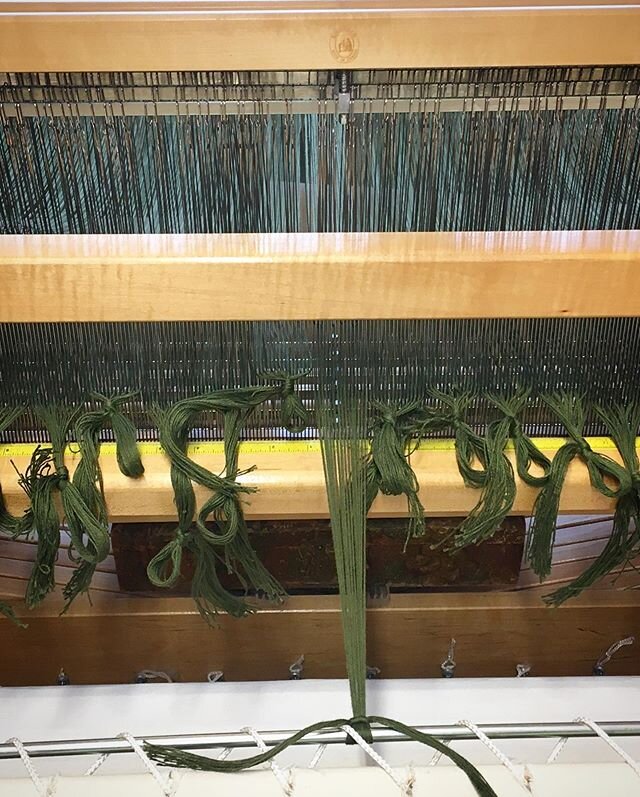 Tying one on 😘 So many steps! #process #weave #weaversofinstagram #handwoventextiles #lapblanket #overshot #cottonwarp #cottontabby #handspunalpacapatternweft #handdyedyarn #happiness #studiotime