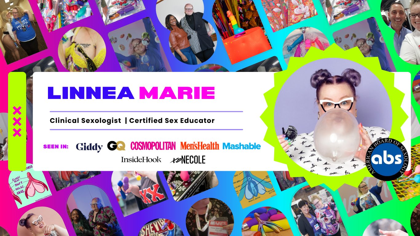 A collage photos with of all the features Linnea Marie has been in, including Giddy, GQ, Cosmopolitan, Men's Health, Mashable, InsideHook, and xoNecole.