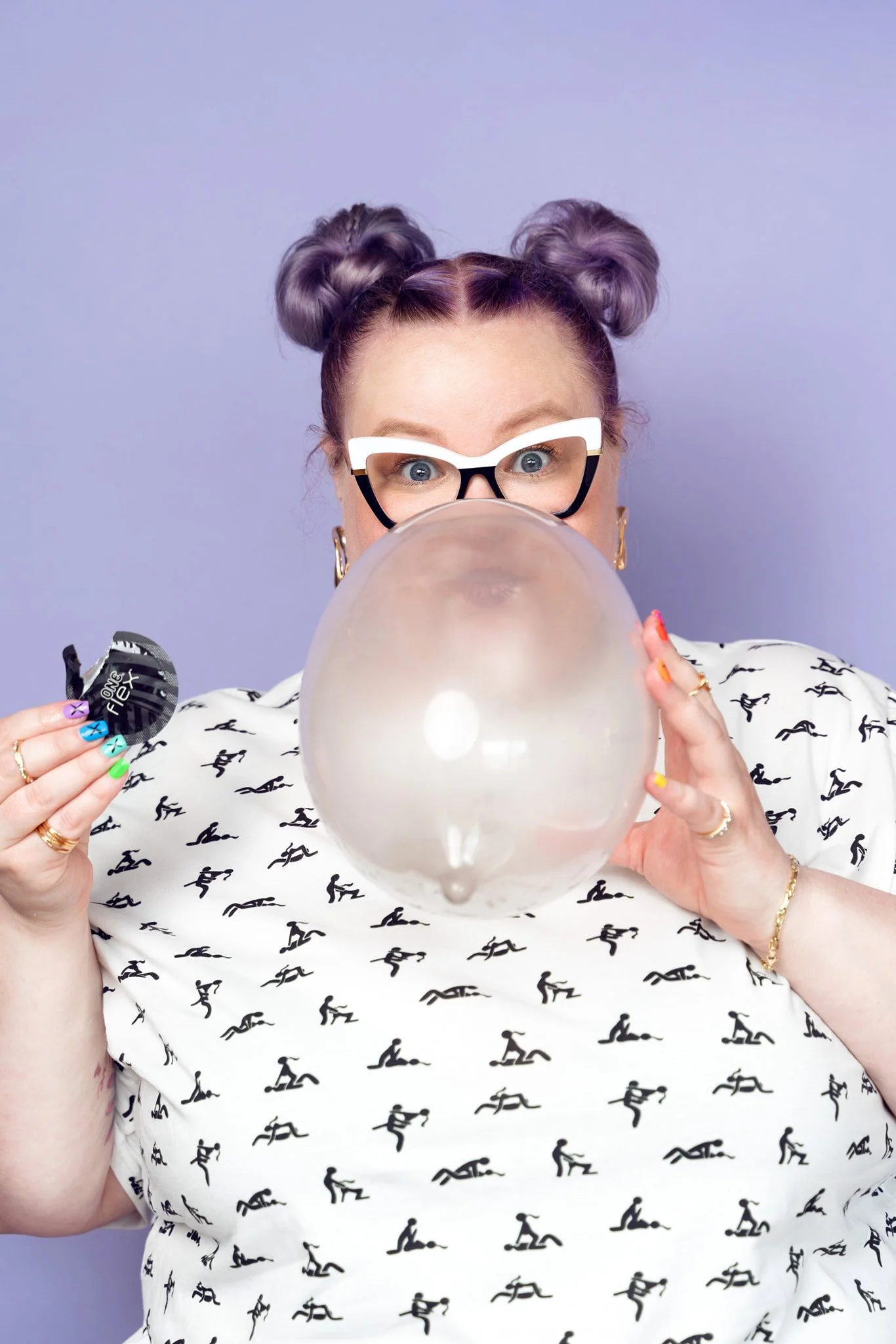 Linnea Marie blowing up a FLEX Condom headshot