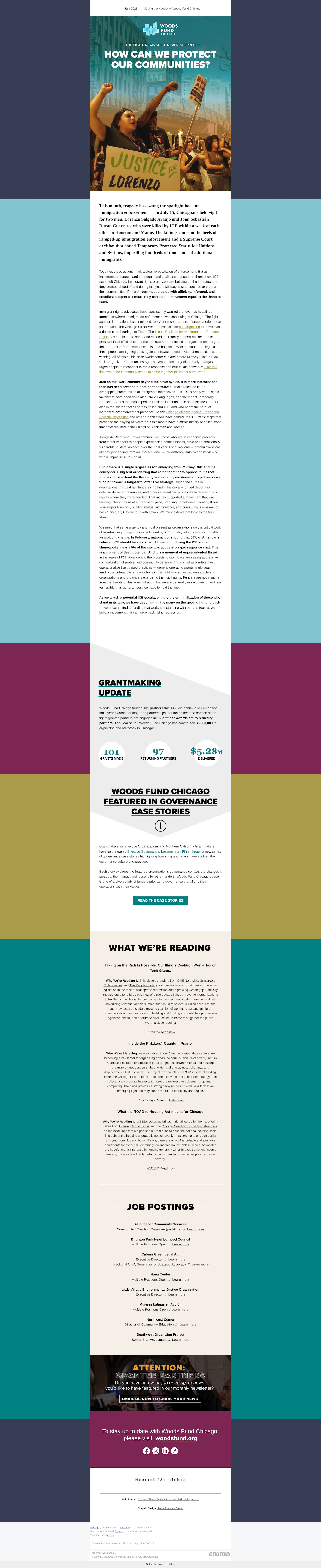 Screenshot of the Woods Fund Chicago July newsletter. For best reading experience, click for the full newsletter.