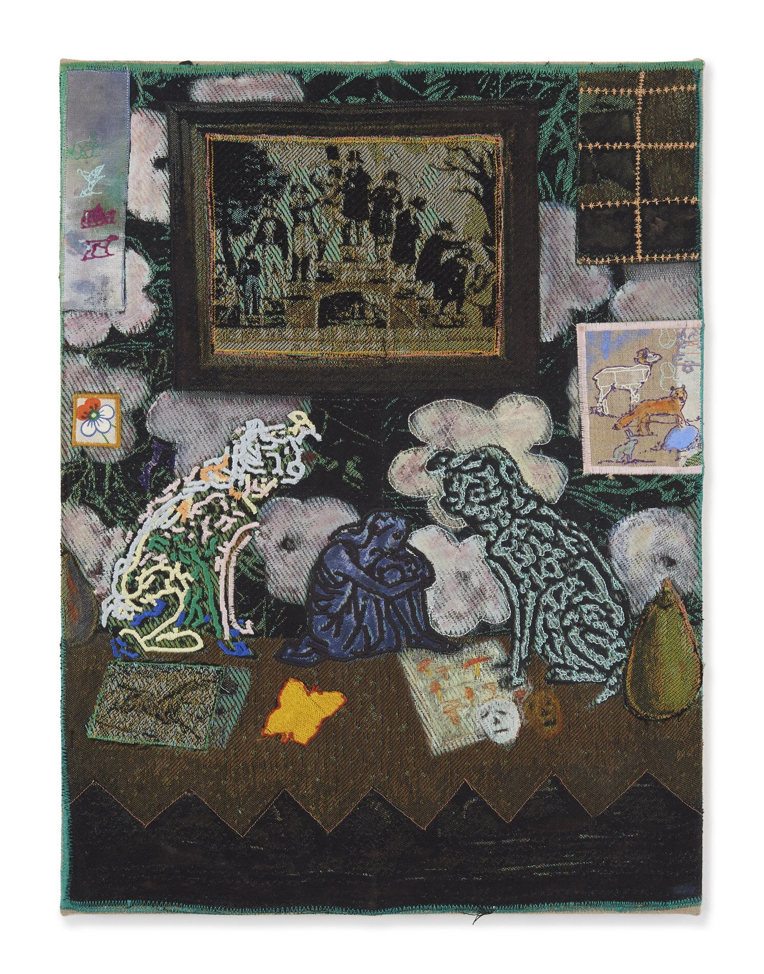   Zach Bruder    Vanitas (after Foujita) , 2018  acrylic and flashe on woven textile and linen  28 x 14 inches  
