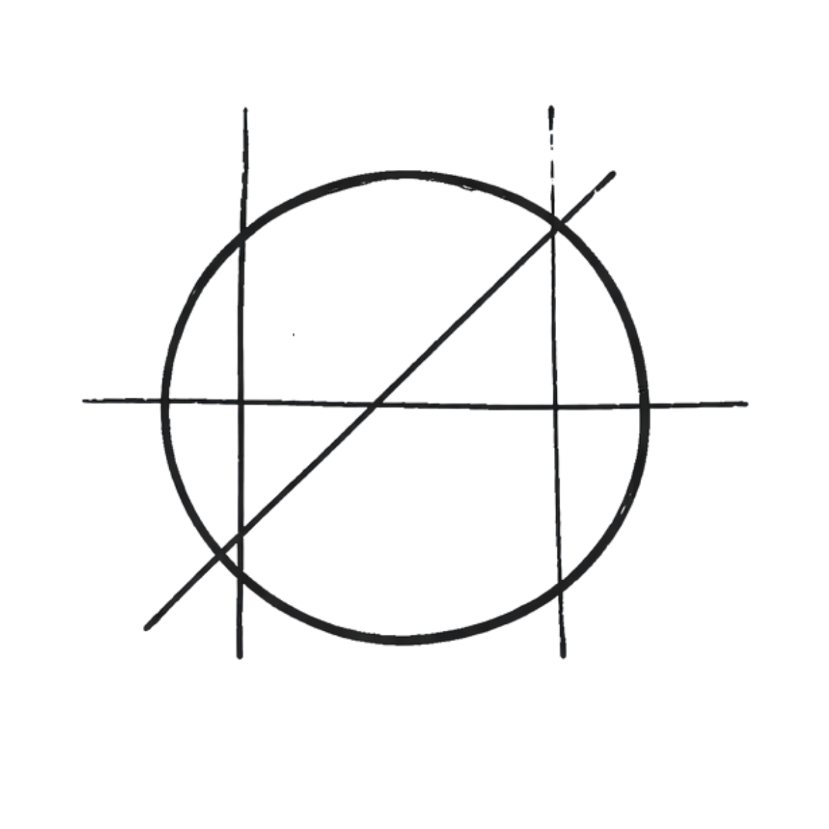 Graph with a circle, axes, and a diagonal line passing through the circle's center, resembling a mathematical diagram.