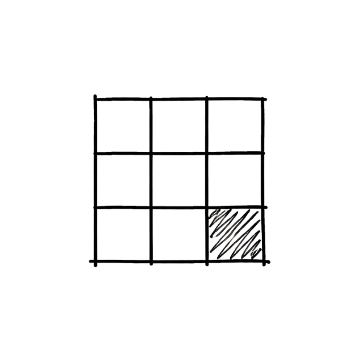 A black and white schematic drawing of a 3x4 shelving unit, with one bottom right section shaded with diagonal lines.