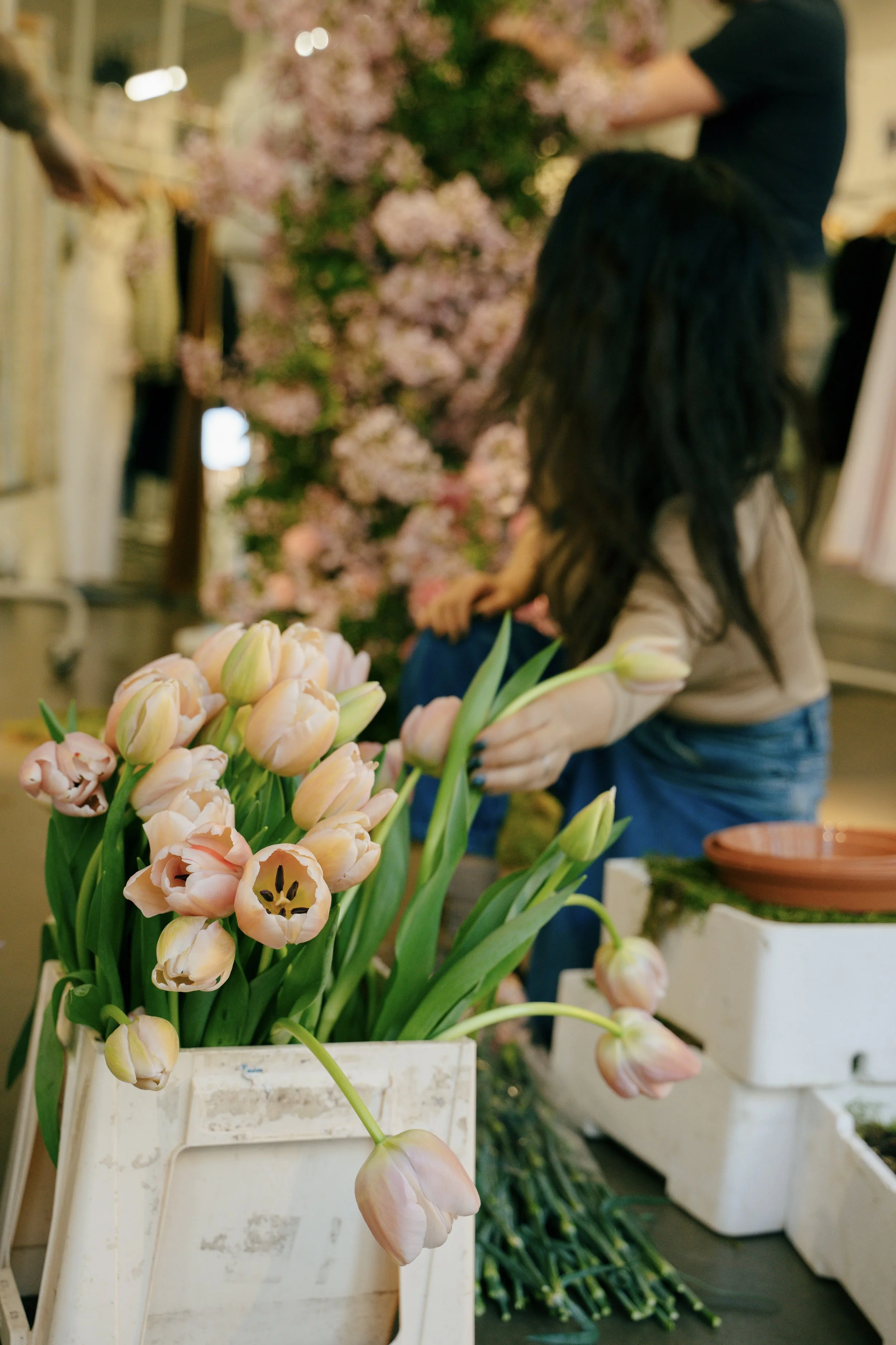 Pink tulips on display at a flower shop with people in the background arranging flowers.