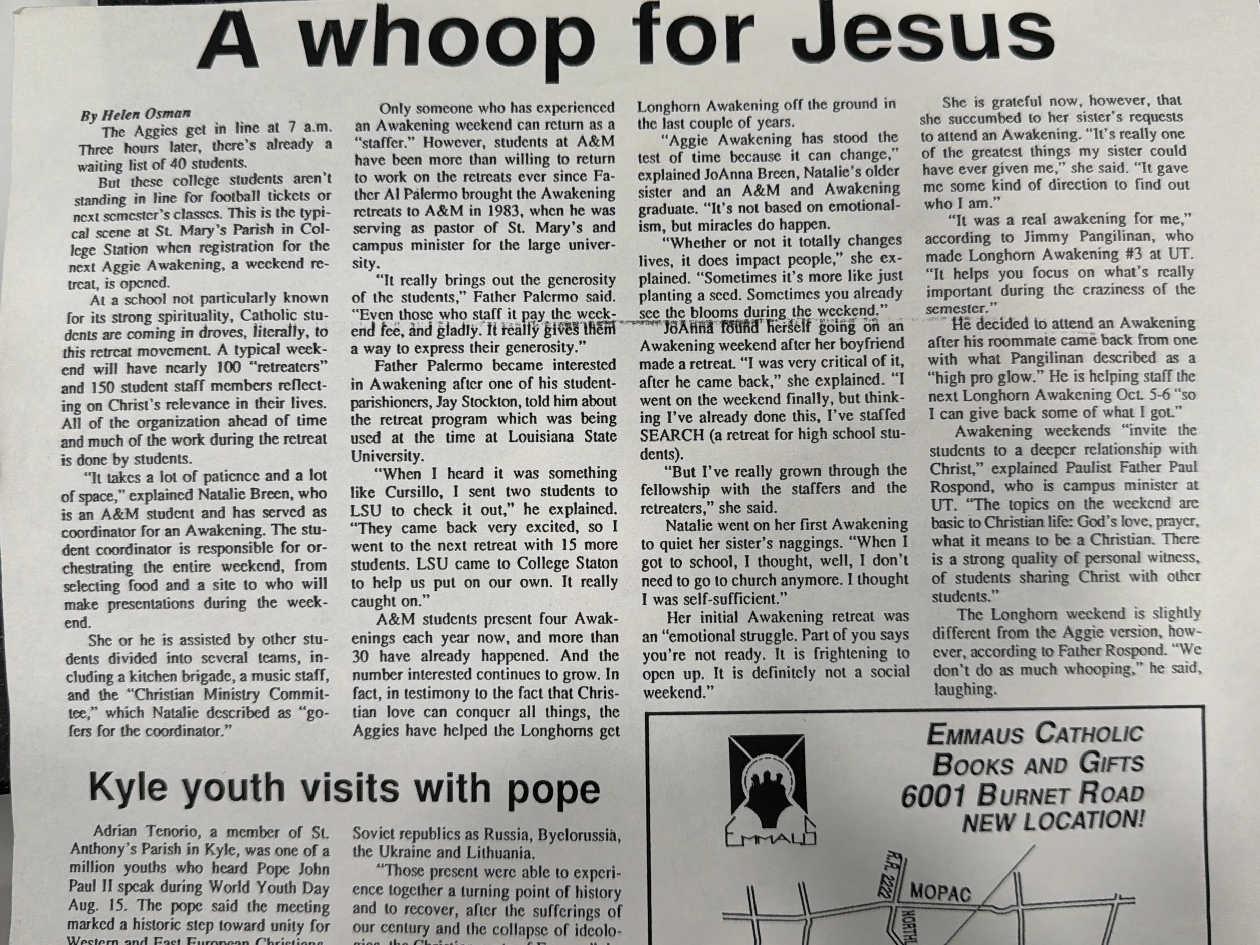 An article printed in the Austin Diocesan newspaper. 

Image provided by JoAnna Breen Zabolio '90