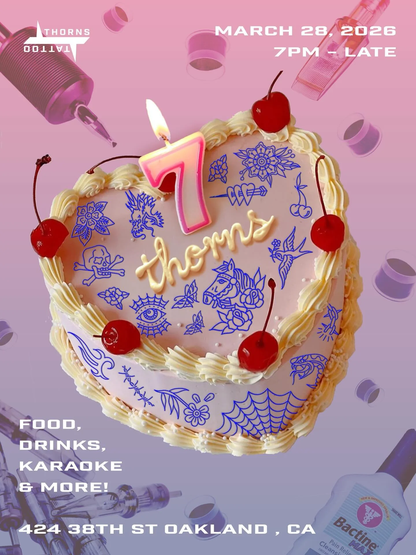 🌹THORNS IS TURNING 7!🌹
Join us as we celebrate 7 amazing years of making awesome art for the coolest and most bad ass clients around. We&rsquo;ll have snacks, cocktails AND mocktails, and yes&mdash; karaoke!! Saturday March 28th, 7pm &lsquo;til lat