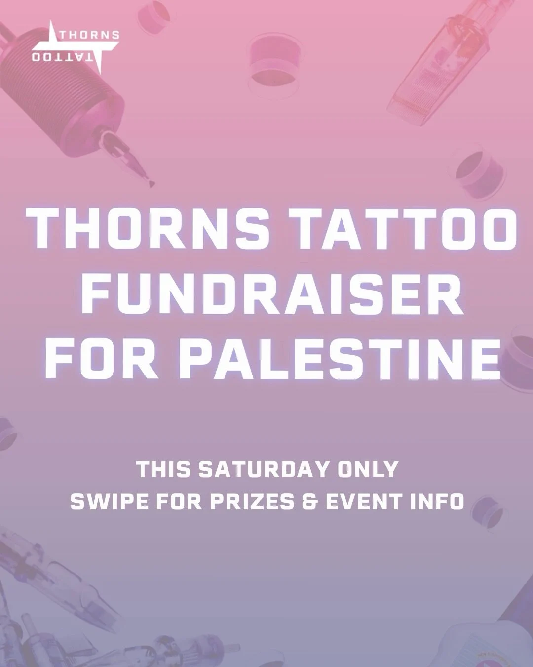 Come to our 7 year anniversary party THIS Saturday &amp; enter to win tattoos, handmade jewelry, art &amp; merch with a donation to the incredible @hibrfalastin !! 🎉
Every $15 you donate will grant you 1 entry to win the amazing prizes below! Unlimi