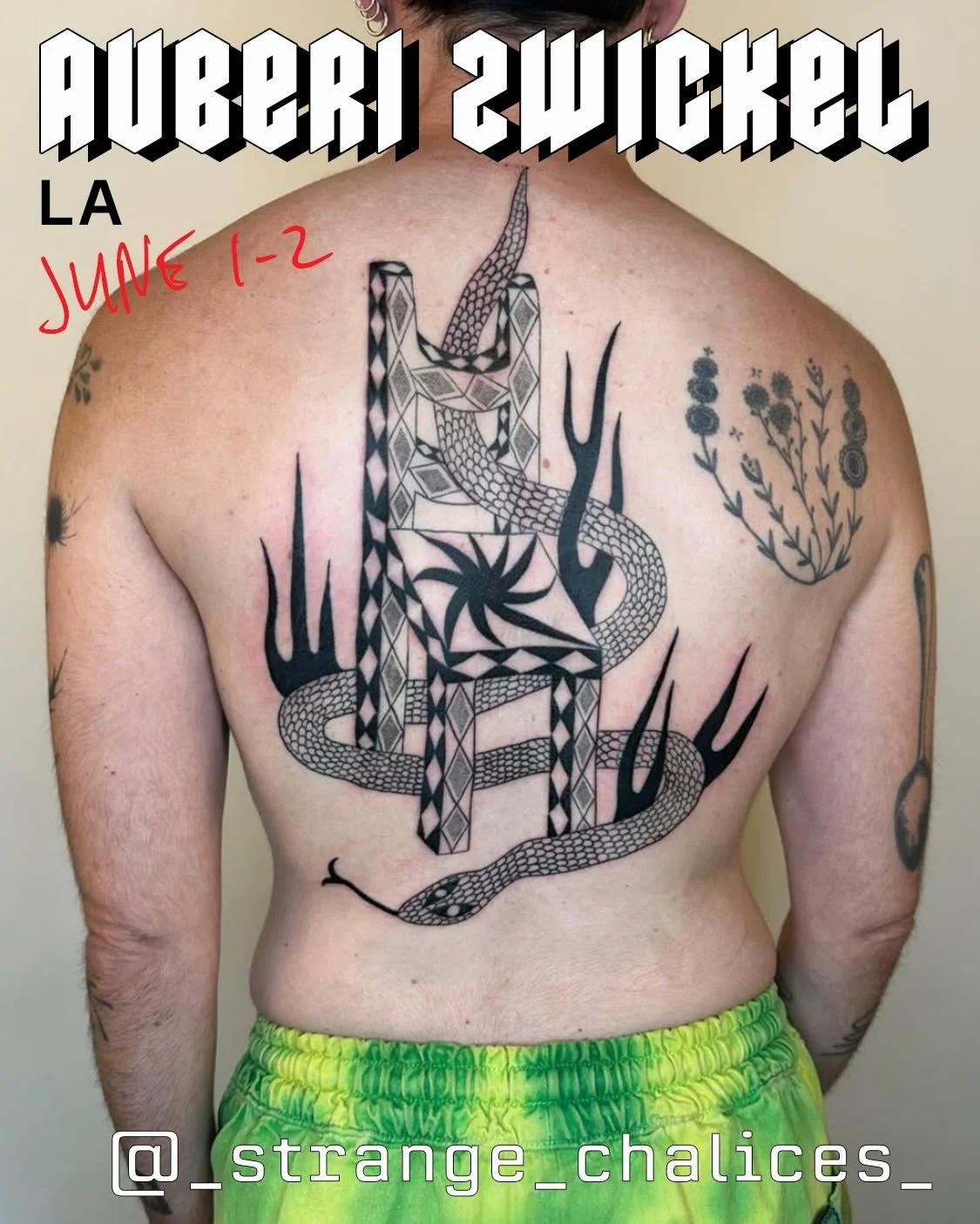 🔥GUEST ALERT🔥
@_strange_chalices_ returns with her funky and unique style for a quick guest trip June 1-2! Check out all of Auberi&rsquo;s gorgeous flash on her other account @_strange_chalices_flash_  and contact her directly to book.
