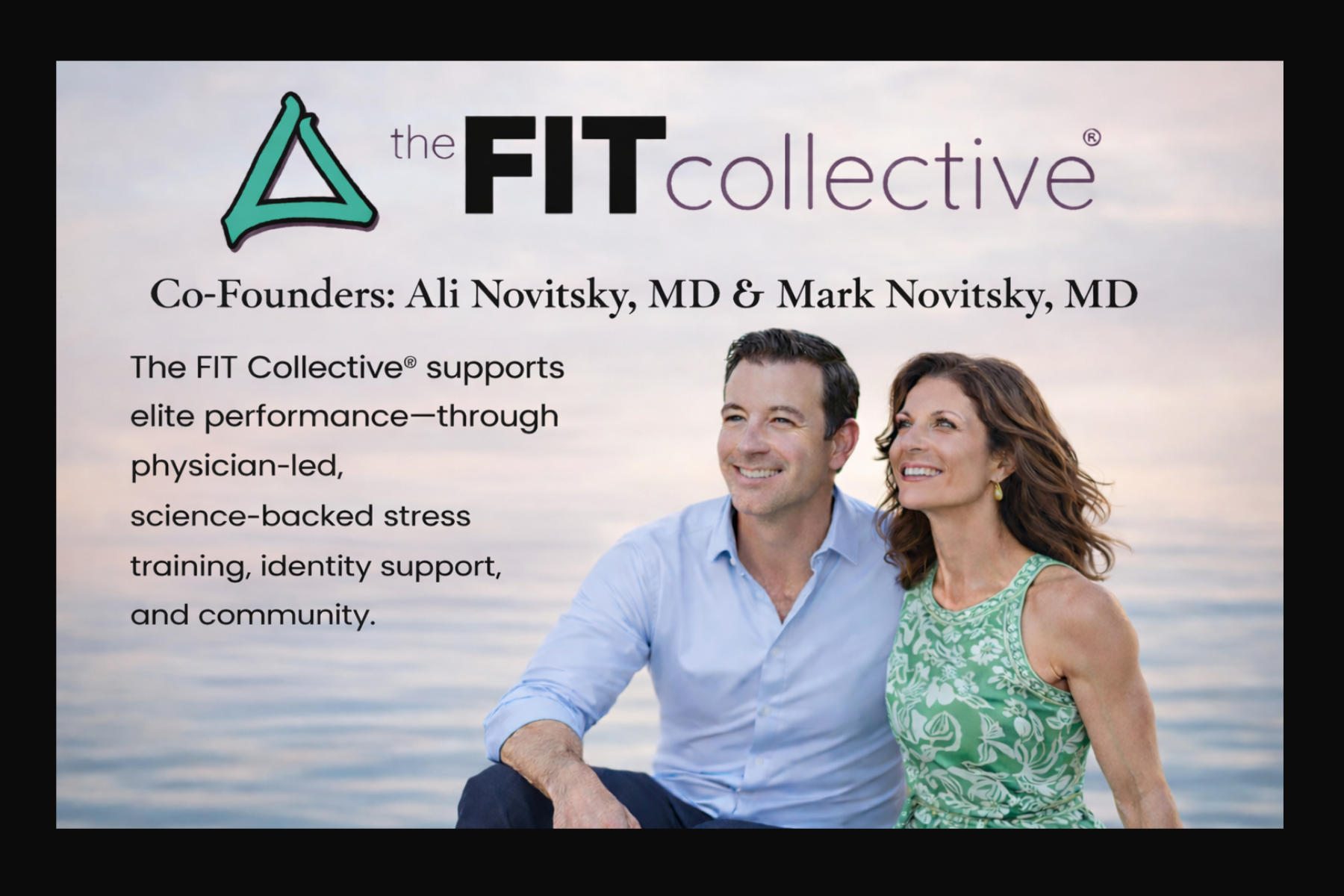 Two smiling adults, a man and a woman, sitting outdoors near water during sunset or sunrise, promoting the FIT collective and its support for elite performance and stress training.