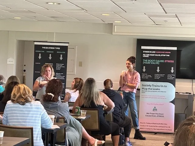 A woman is giving a presentation to a seated audience in a conference room, with two large informational posters in the background.
