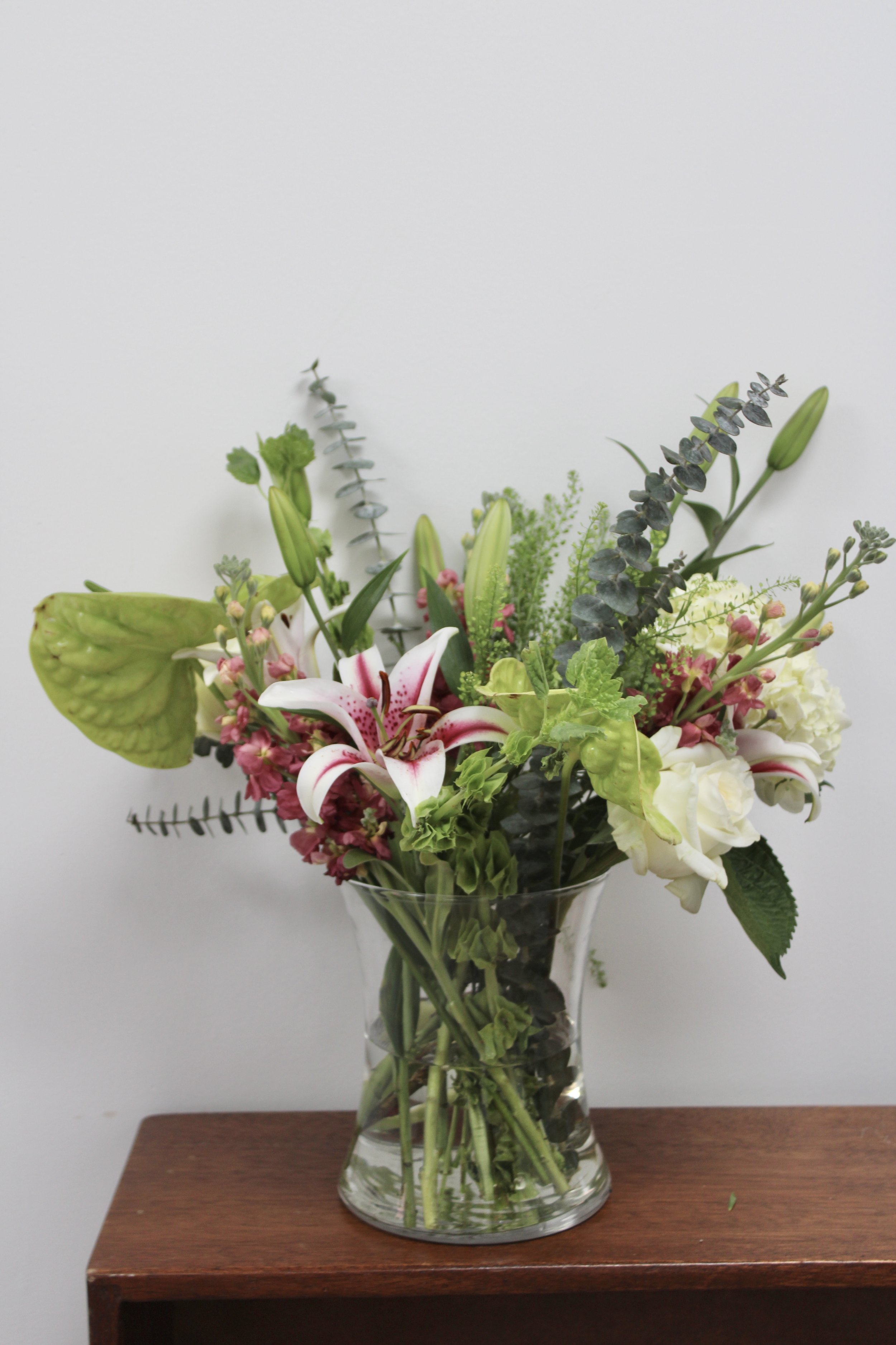 luxury spring flower arrangement, stl florist, lilies, hydrangeas, roses