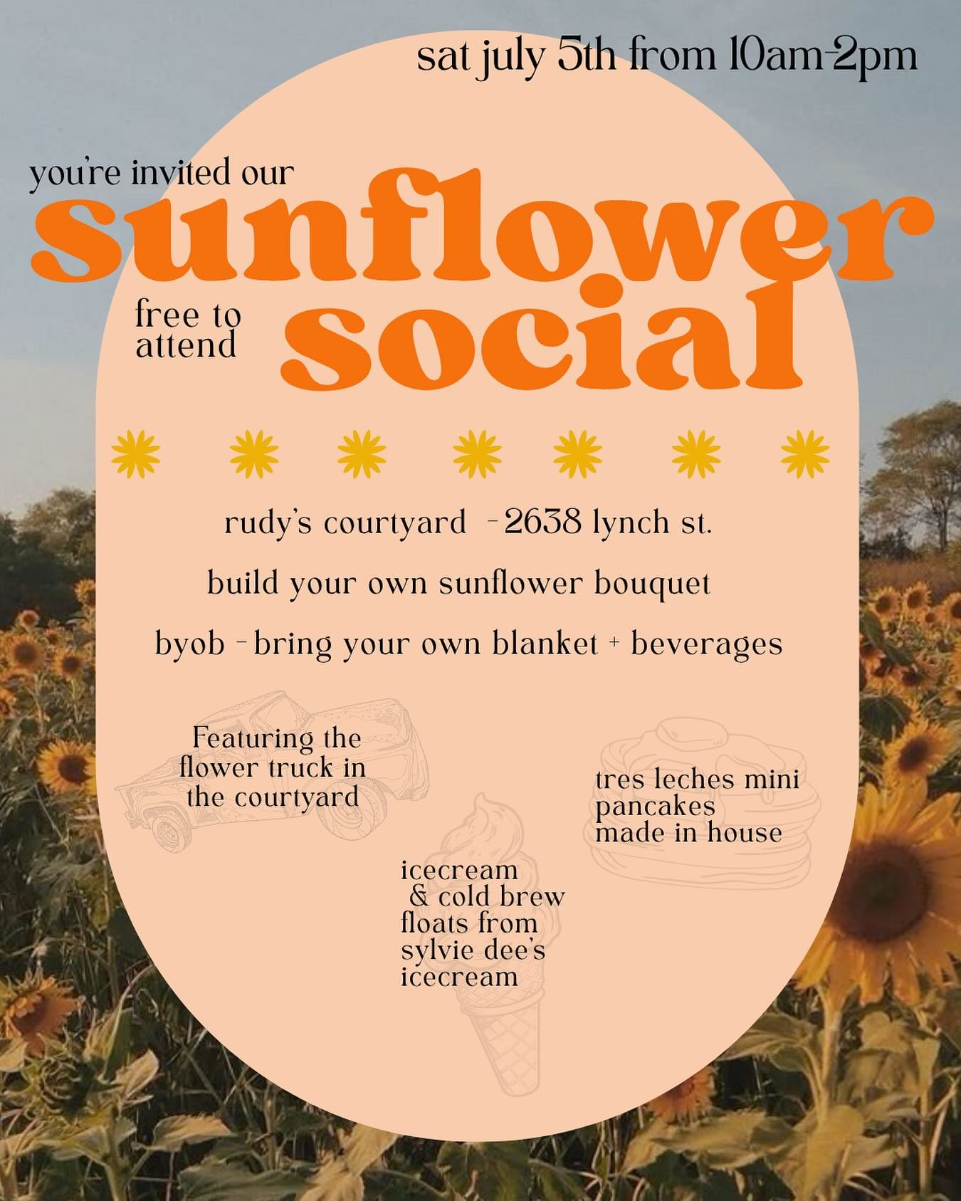 🌻 You&rsquo;re invited to our Sunflower Social! 🌻

Join us Saturday, July 5th from 10AM&ndash;2PM at Rudy&rsquo;s warehouse for a celebration of all things sunflowers. And yes, it&rsquo;s as dreamy as it sounds!

🤑 FREE admission 
✅ RSVP on our Fa
