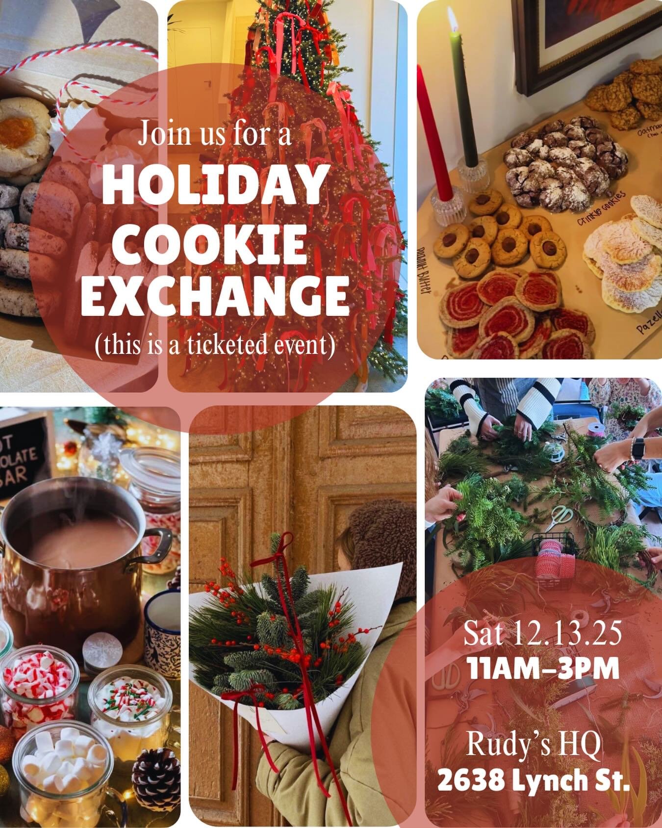 It&rsquo;s the most wonderful time of year! 🎄🍪💐
Join us at the Rudy&rsquo;s warehouse for a Holiday Cookie Exchange - think exchanging yummy cookies, a mini wreath building station, bouquet and hot chocolate bars, and more.

Time: 11am-3pm

Locati