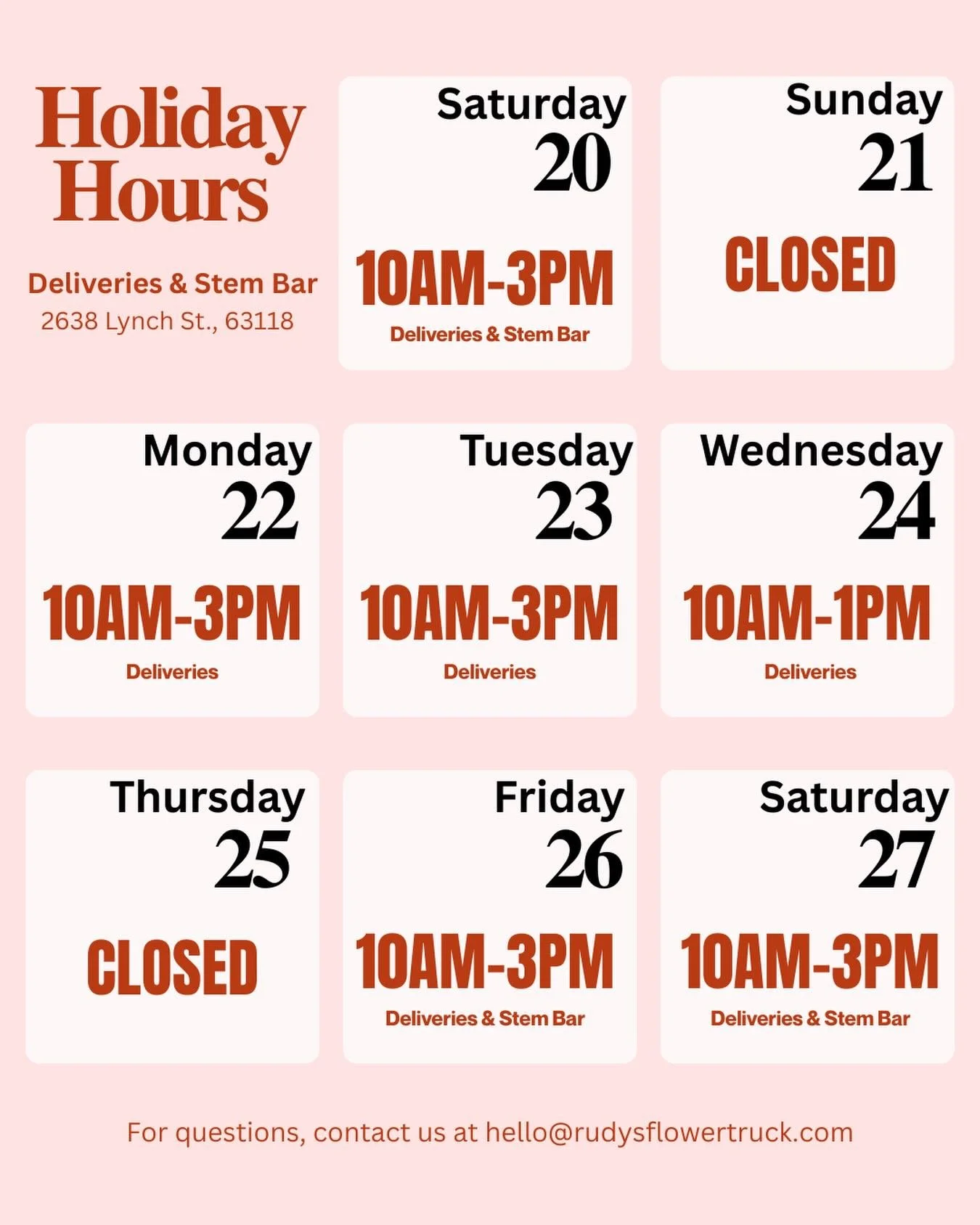 🎄 Holiday Flower Schedule 🎄

If you&rsquo;re planning ahead for Christmas blooms, here&rsquo;s how to get flowers delivered or picked up over the holiday week!

✨ Saturday 12/20
10am-3pm
Stem bar + deliveries

✨ Sunday 12/21
Closed

✨ Monday 12/22
